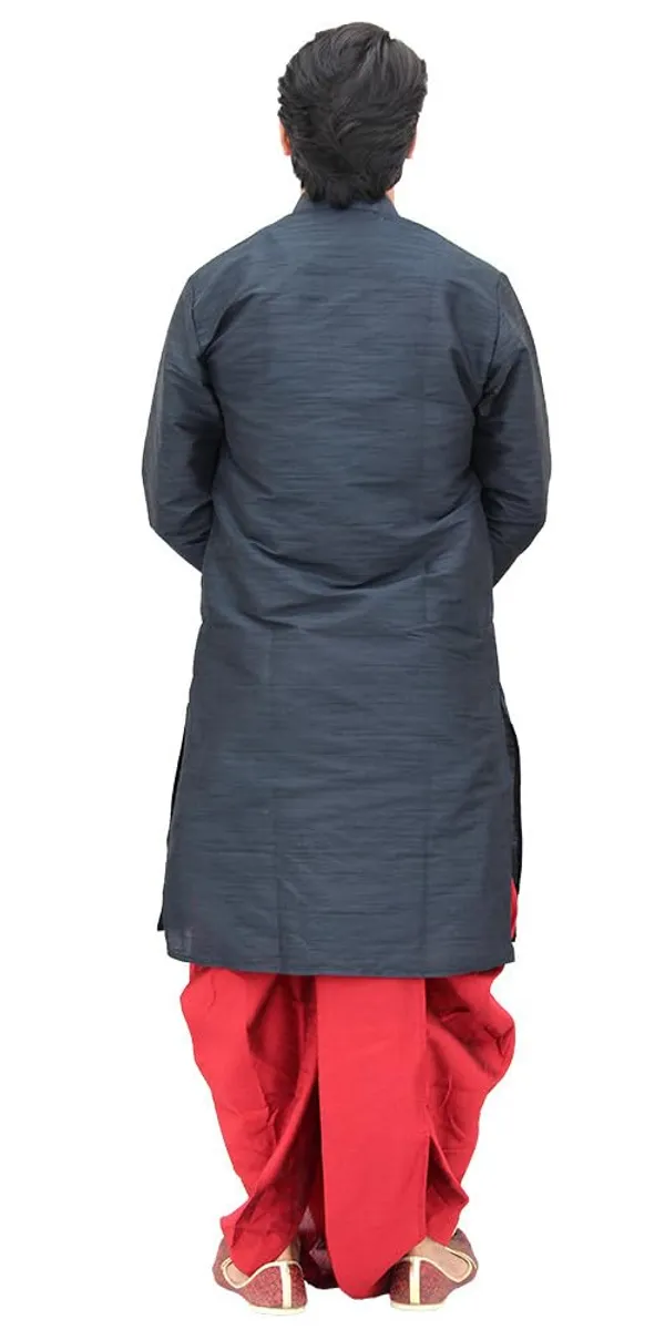 Black__&__Red_Dupion_Silk_Casual_Dhoti_Kurta_Set_For_Men