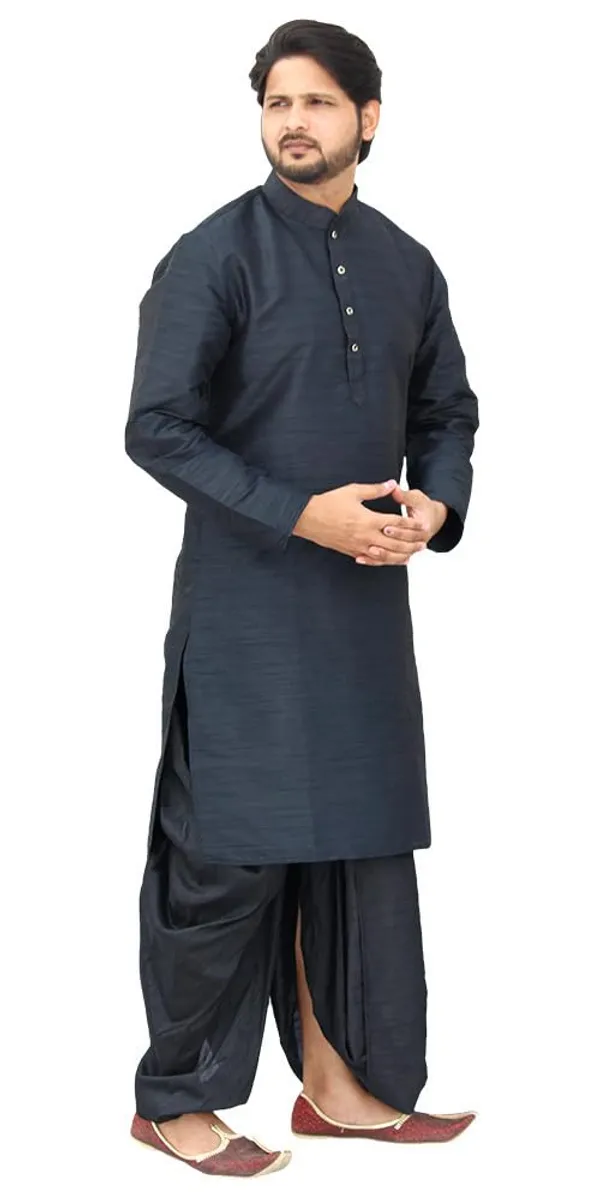 Black_Dupion_Silk_Casual_Dhoti_Kurta_Set_For_Men