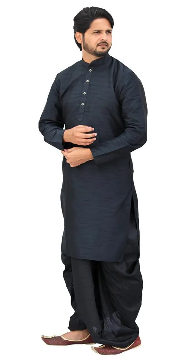 Black_Dupion_Silk_Casual_Dhoti_Kurta_Set_For_Men