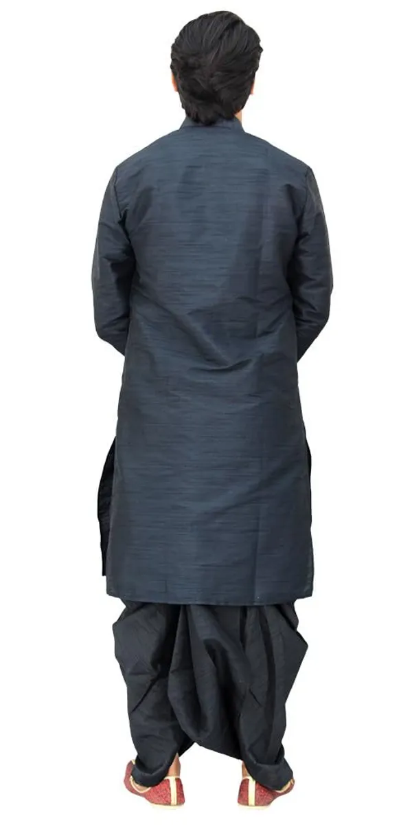 Black_Dupion_Silk_Casual_Dhoti_Kurta_Set_For_Men