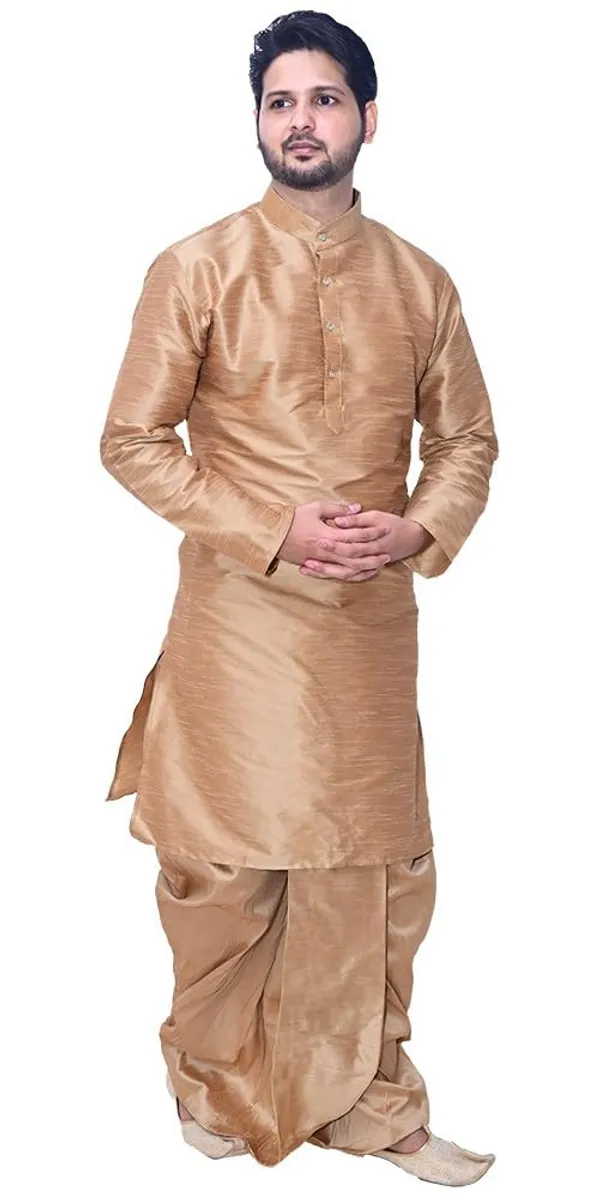 Brown_Dupion_Silk_Casual_Dhoti_Kurta_Set_For_Men