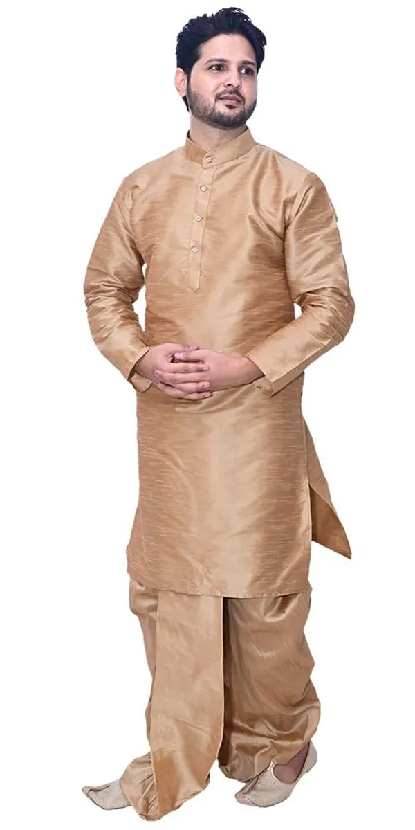 Brown_Dupion_Silk_Casual_Dhoti_Kurta_Set_For_Men