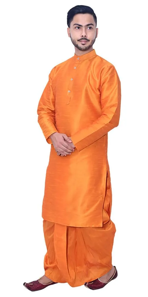 Dark_Orange_Dupion_Silk_Casual_Dhoti_Kurta_Set_For_Men
