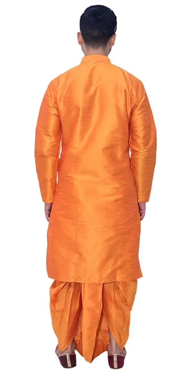 Dark_Orange_Dupion_Silk_Casual_Dhoti_Kurta_Set_For_Men