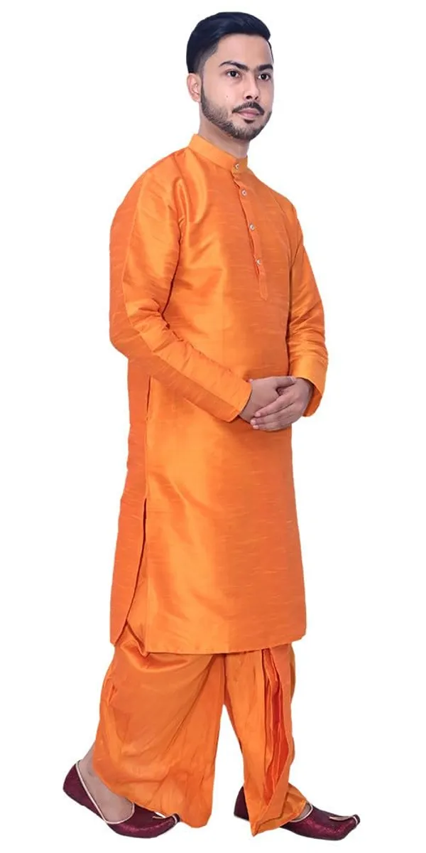 Dark_Orange_Dupion_Silk_Casual_Dhoti_Kurta_Set_For_Men