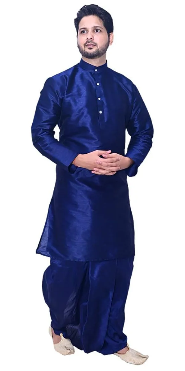 Navy_Blue_Dupion_Silk_Casual_Dhoti_Kurta_Set_For_Men