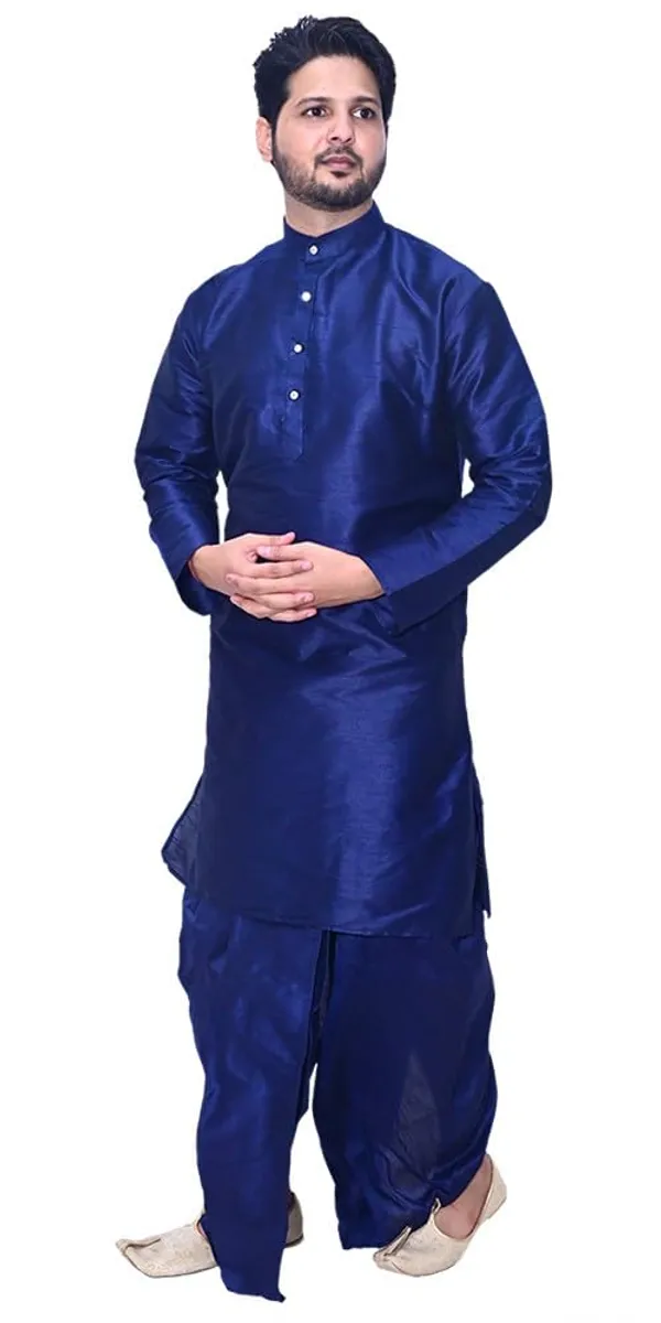 Navy_Blue_Dupion_Silk_Casual_Dhoti_Kurta_Set_For_Men