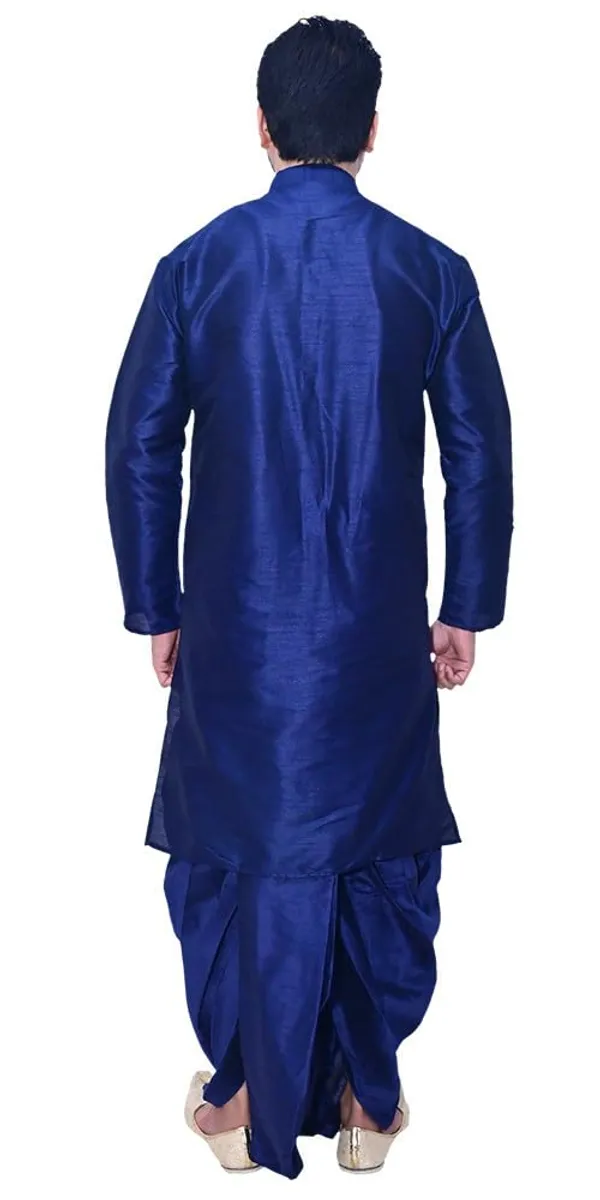 Navy_Blue_Dupion_Silk_Casual_Dhoti_Kurta_Set_For_Men