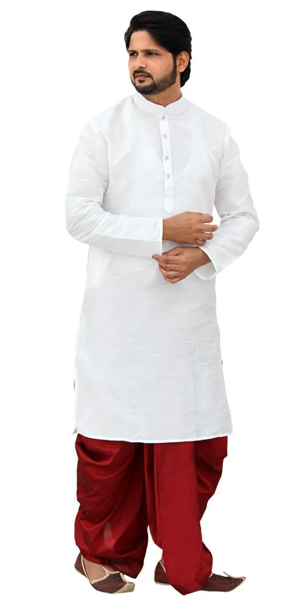 White__&__Red_Dupion_Silk_Casual_Dhoti_Kurta_Set_For_Men
