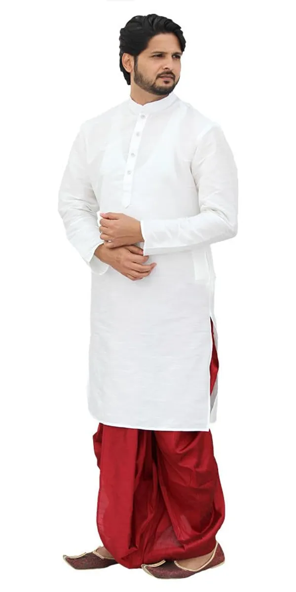 White__&__Red_Dupion_Silk_Casual_Dhoti_Kurta_Set_For_Men