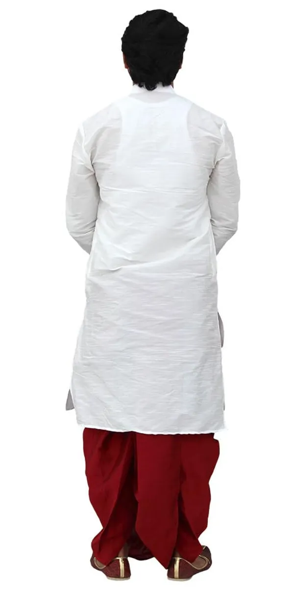White__&__Red_Dupion_Silk_Casual_Dhoti_Kurta_Set_For_Men