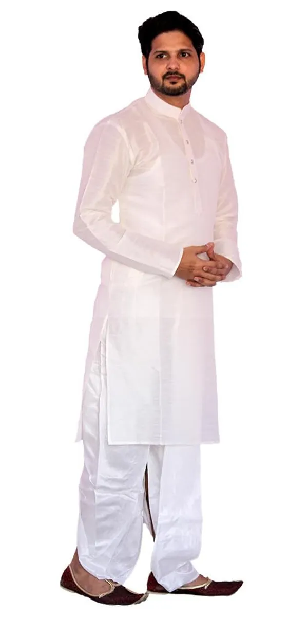 White_Dupion_Silk_Casual_Dhoti_Kurta_Set_For_Men