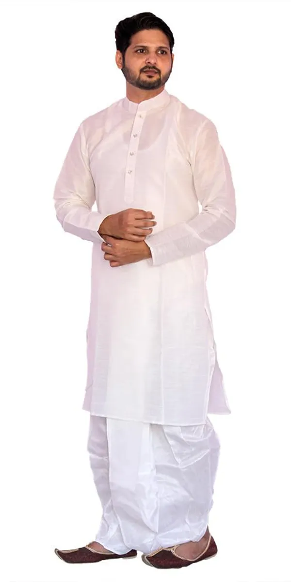 White_Dupion_Silk_Casual_Dhoti_Kurta_Set_For_Men