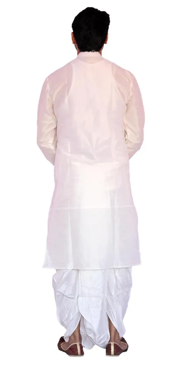 White_Dupion_Silk_Casual_Dhoti_Kurta_Set_For_Men