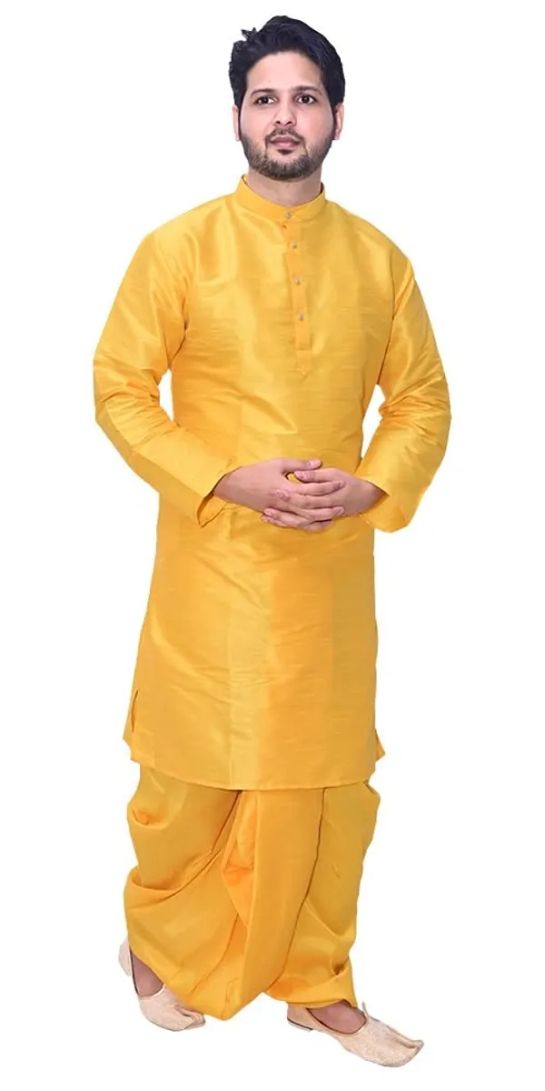 Yellow_Dupion_Silk_Casual_Dhoti_Kurta_Set_For_Men