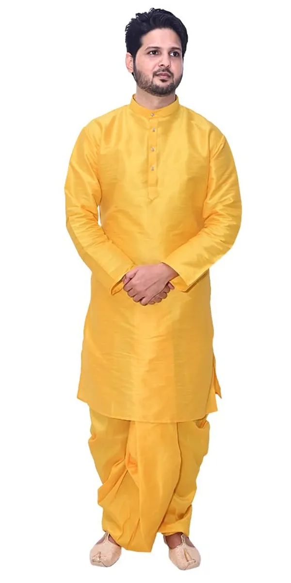 Yellow_Dupion_Silk_Casual_Dhoti_Kurta_Set_For_Men