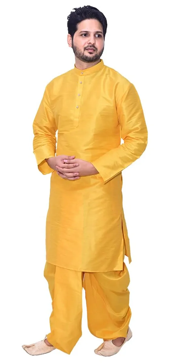 Yellow_Dupion_Silk_Casual_Dhoti_Kurta_Set_For_Men