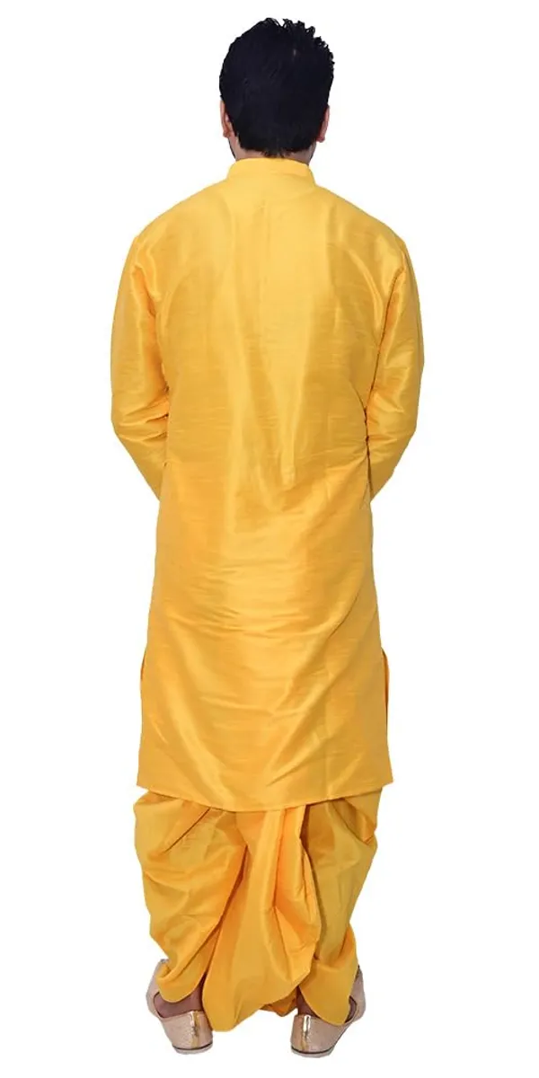 Yellow_Dupion_Silk_Casual_Dhoti_Kurta_Set_For_Men