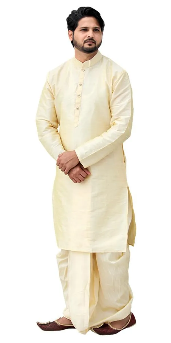 Golden_Dupion_Silk_Casual_Dhoti_Kurta_Set_For_Men