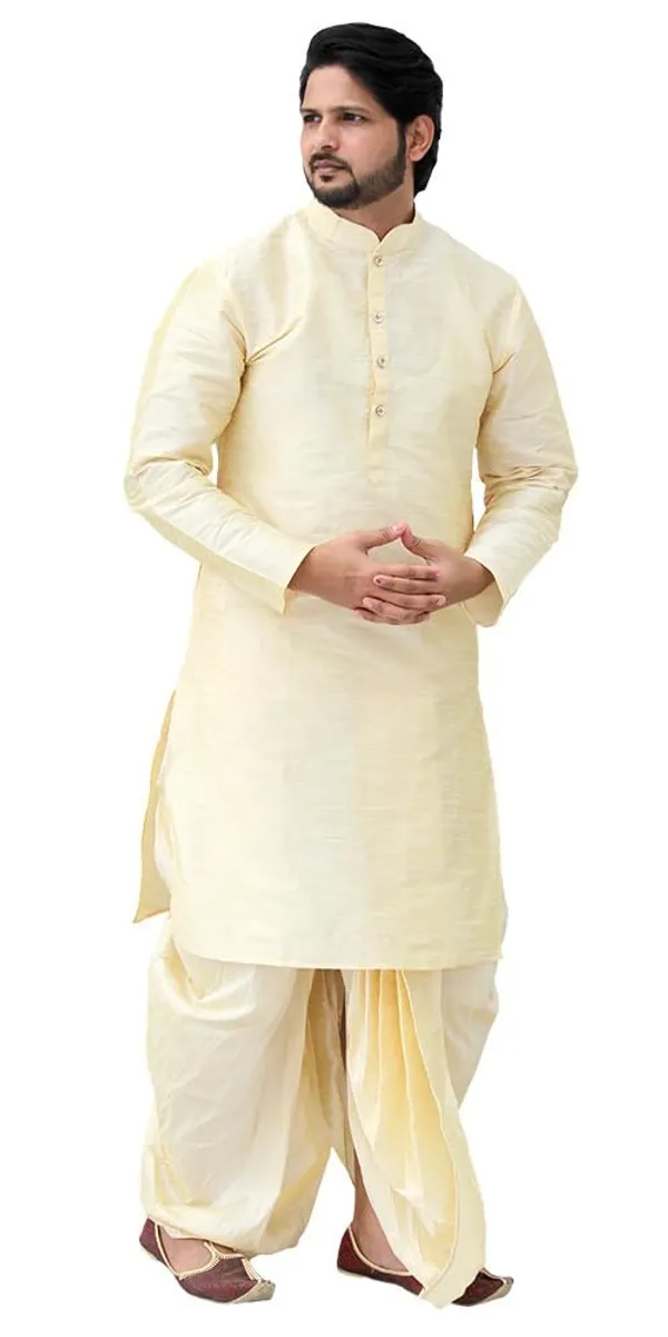 Golden_Dupion_Silk_Casual_Dhoti_Kurta_Set_For_Men