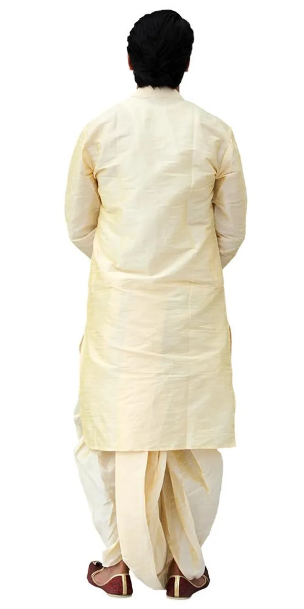 Golden_Dupion_Silk_Casual_Dhoti_Kurta_Set_For_Men