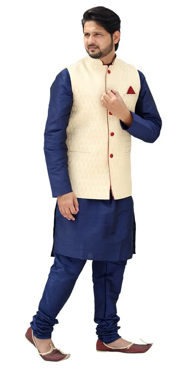 Navy_Blue_&_Golden_Dupion_Silk_Casual_Kurta_Pajama_Jacket_For_Men