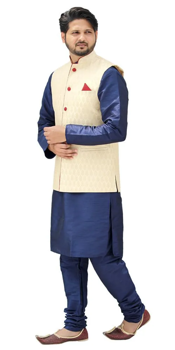 Navy_Blue_&_Golden_Dupion_Silk_Casual_Kurta_Pajama_Jacket_For_Men