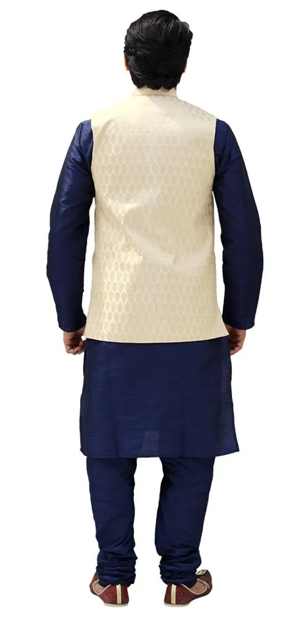 Navy_Blue_&_Golden_Dupion_Silk_Casual_Kurta_Pajama_Jacket_For_Men