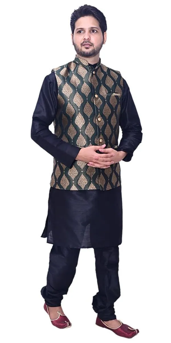 Black__&__Dark_Green_Dupion_Silk_Casual_Kurta_Pajama_Dark_Green_Jacket_For_Men