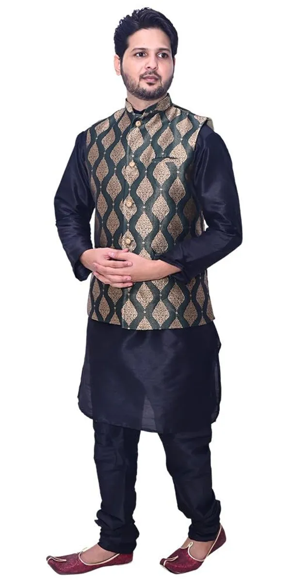 Black__&__Dark_Green_Dupion_Silk_Casual_Kurta_Pajama_Dark_Green_Jacket_For_Men