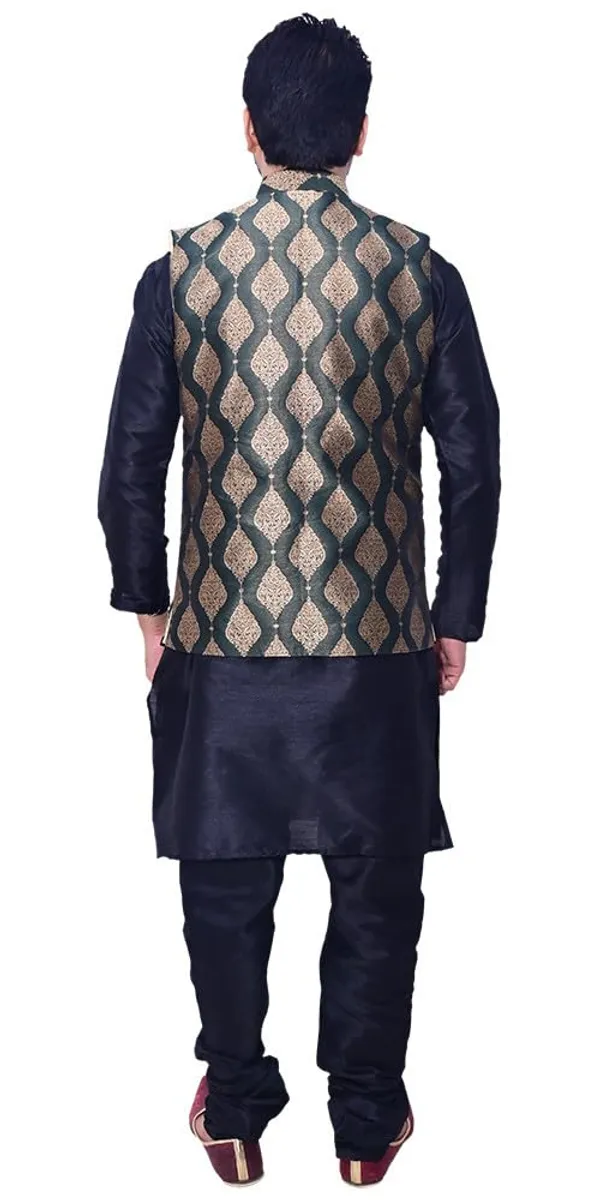 Black__&__Dark_Green_Dupion_Silk_Casual_Kurta_Pajama_Dark_Green_Jacket_For_Men