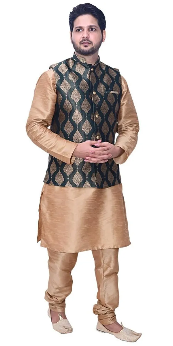 Brown__&__Dark_Green_Dupion_Silk_Casual_Kurta_Pajama_Dark_Green_Jacket_For_Men