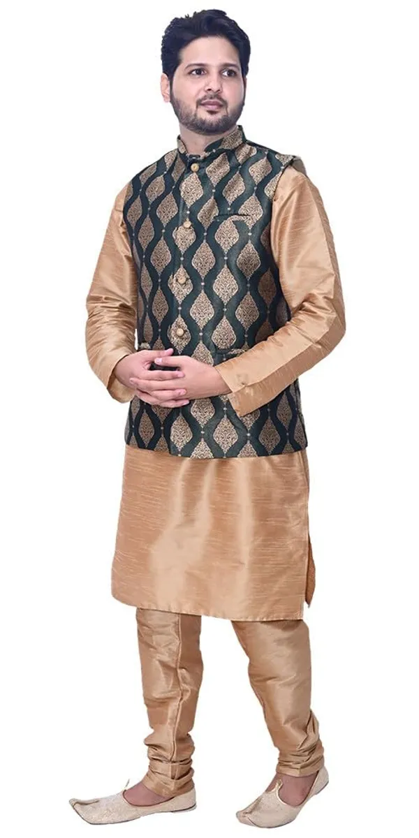 Brown__&__Dark_Green_Dupion_Silk_Casual_Kurta_Pajama_Dark_Green_Jacket_For_Men