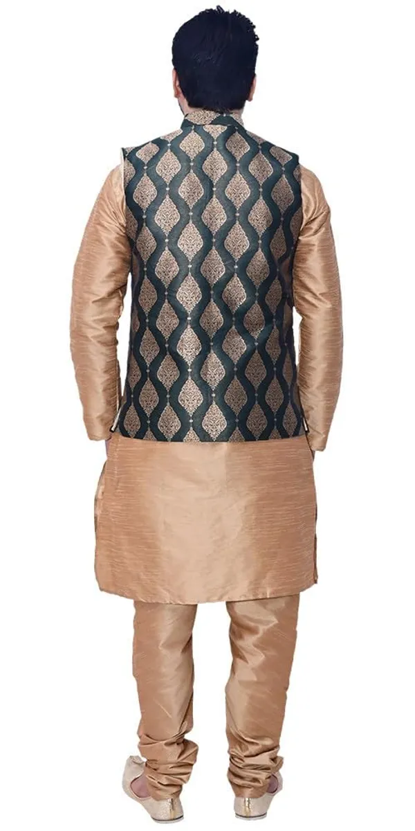Brown__&__Dark_Green_Dupion_Silk_Casual_Kurta_Pajama_Dark_Green_Jacket_For_Men