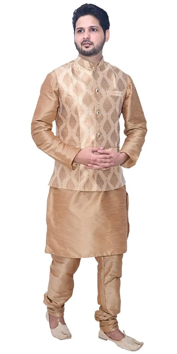 Brown__&__Golden_Dupion_Silk_Casual_Kurta_Pajama___Jacket_For_Men