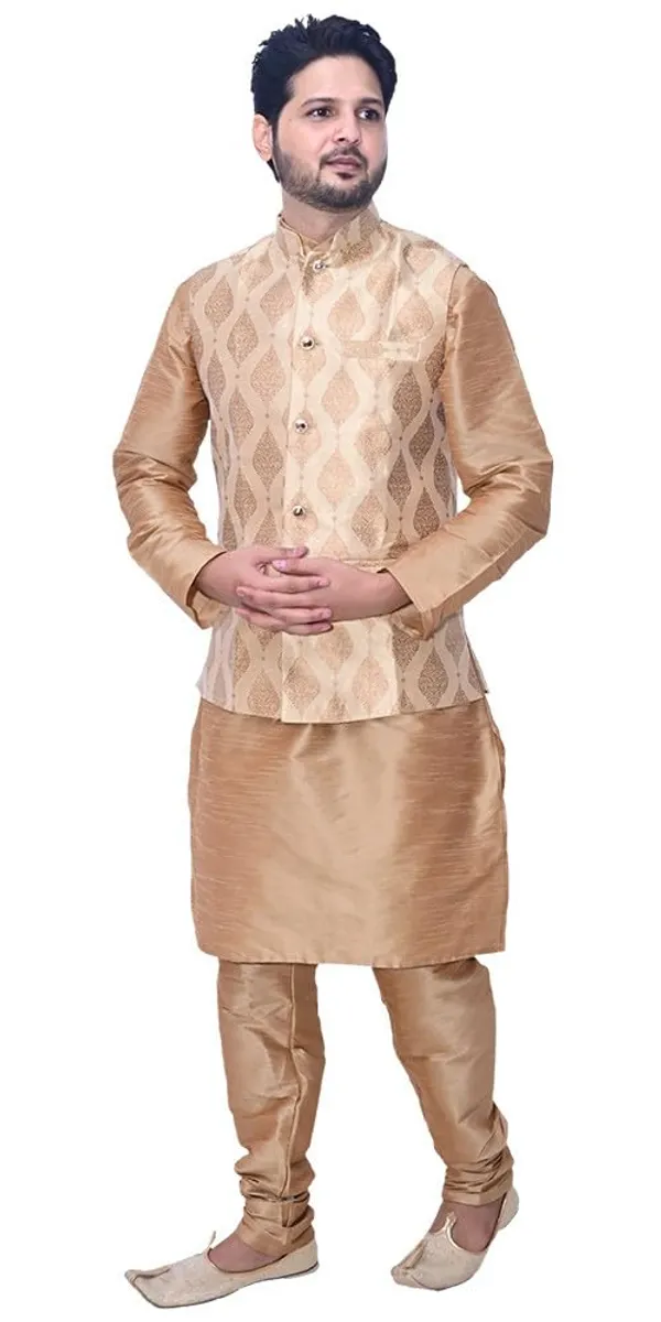 Brown__&__Golden_Dupion_Silk_Casual_Kurta_Pajama___Jacket_For_Men