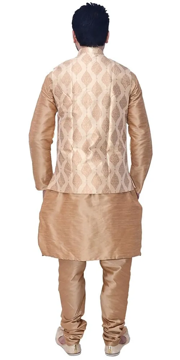 Brown__&__Golden_Dupion_Silk_Casual_Kurta_Pajama___Jacket_For_Men