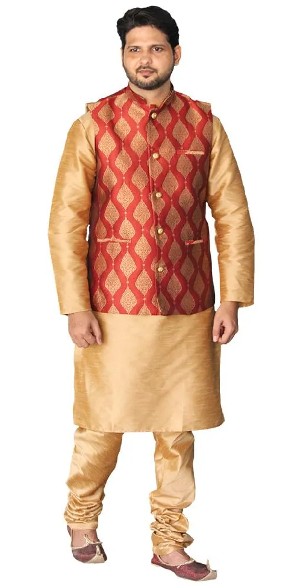 Brown__&__Red_Dupion_Silk_Casual_Kurta_Pajama_&_Jacket_For_Men