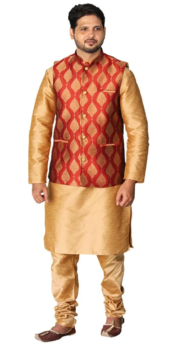 Brown__&__Red_Dupion_Silk_Casual_Kurta_Pajama_&_Jacket_For_Men