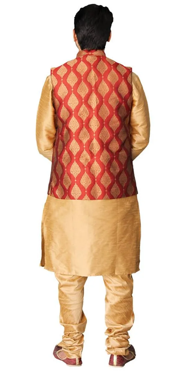 Brown__&__Red_Dupion_Silk_Casual_Kurta_Pajama_&_Jacket_For_Men
