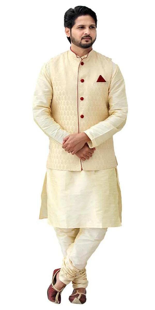 Golden_Dupion_Silk_Wedding_Kurta_Pajama_Jacket_For_Men