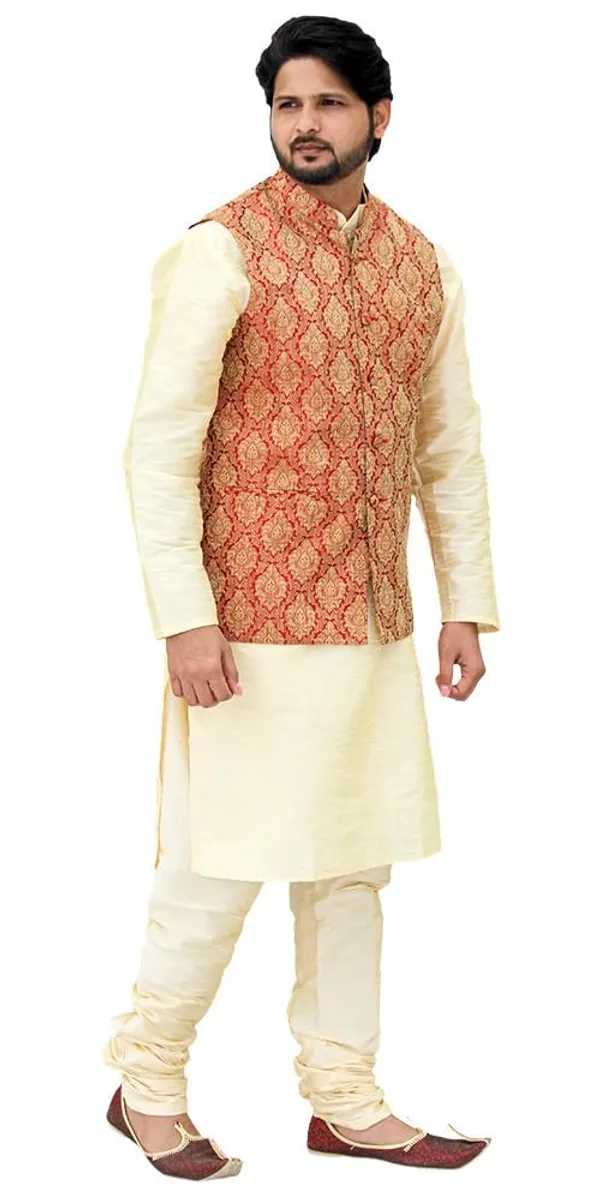 Golden_&_Maroon_Dupion_Silk_Casual_Kurta_Pajama_with__Jacket_For_Men