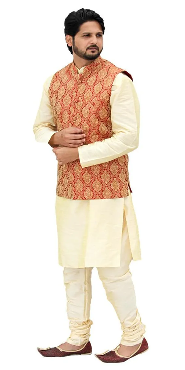 Golden_&_Maroon_Dupion_Silk_Casual_Kurta_Pajama_with__Jacket_For_Men