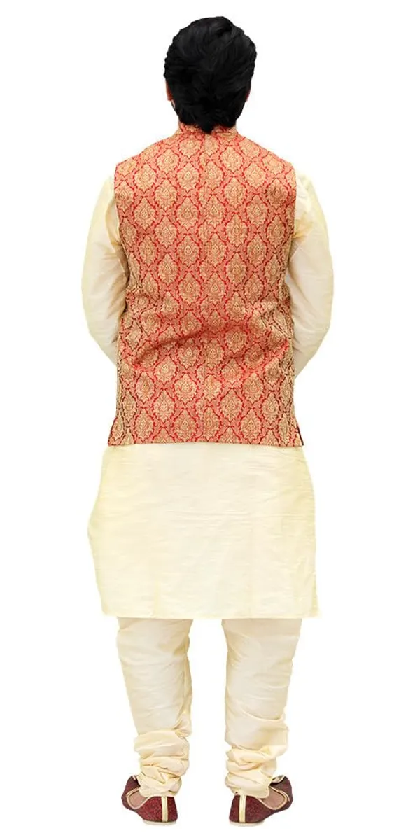 Golden_&_Maroon_Dupion_Silk_Casual_Kurta_Pajama_with__Jacket_For_Men