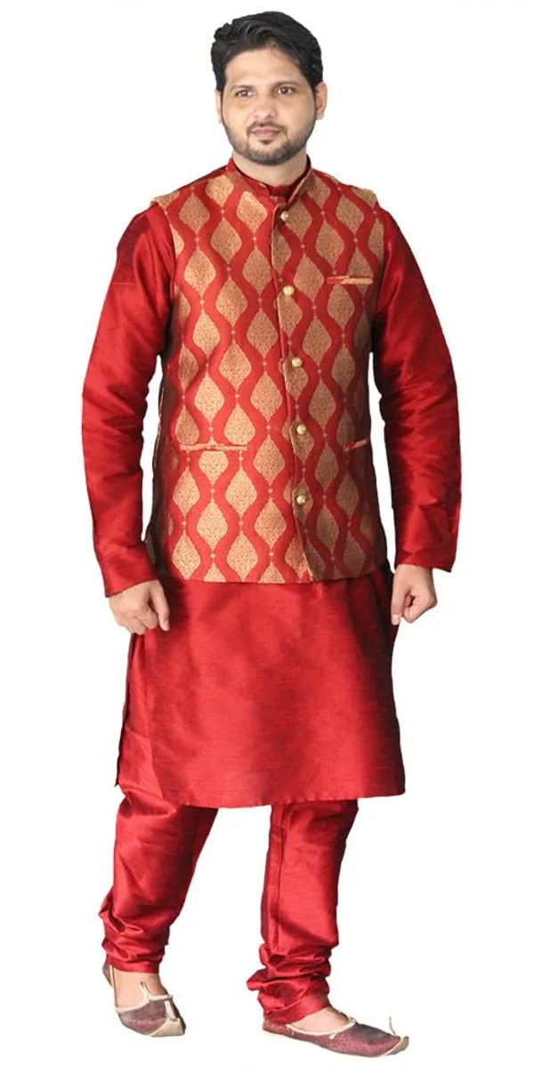 Red__&__Maroon_Dupion_Silk_Casual_Kurta_Pajama_&_Jacket_For_Men