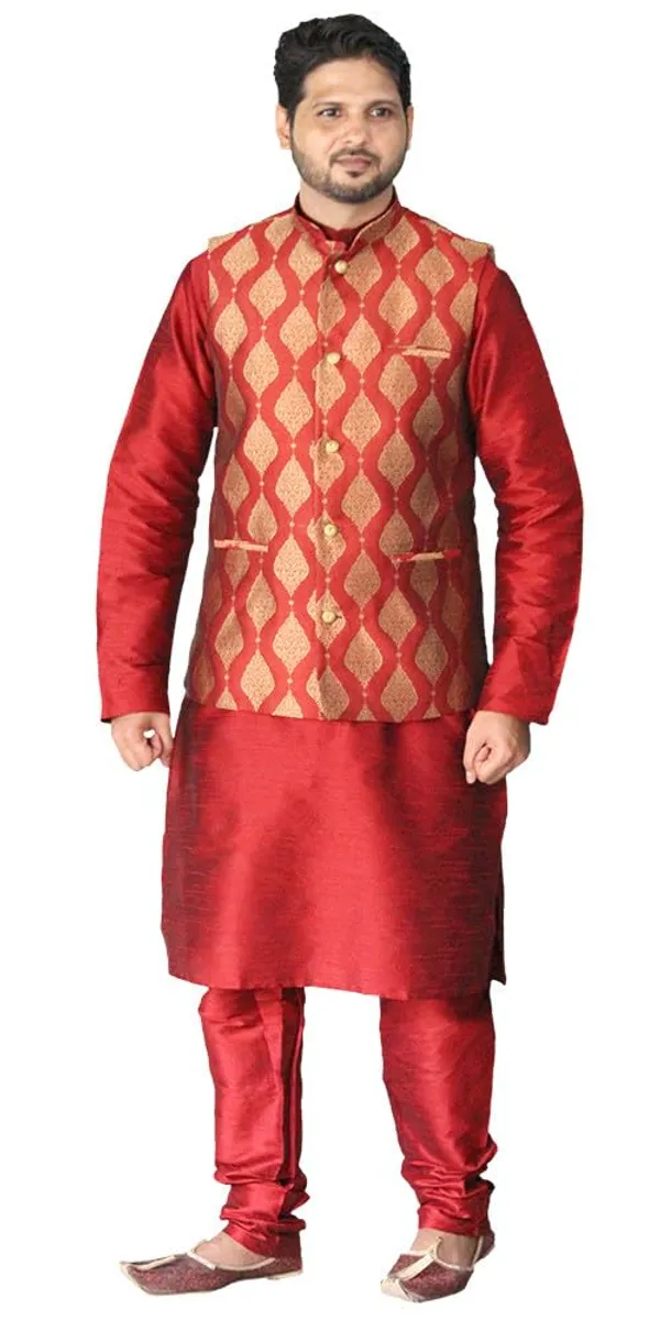 Red__&__Maroon_Dupion_Silk_Casual_Kurta_Pajama_&_Jacket_For_Men