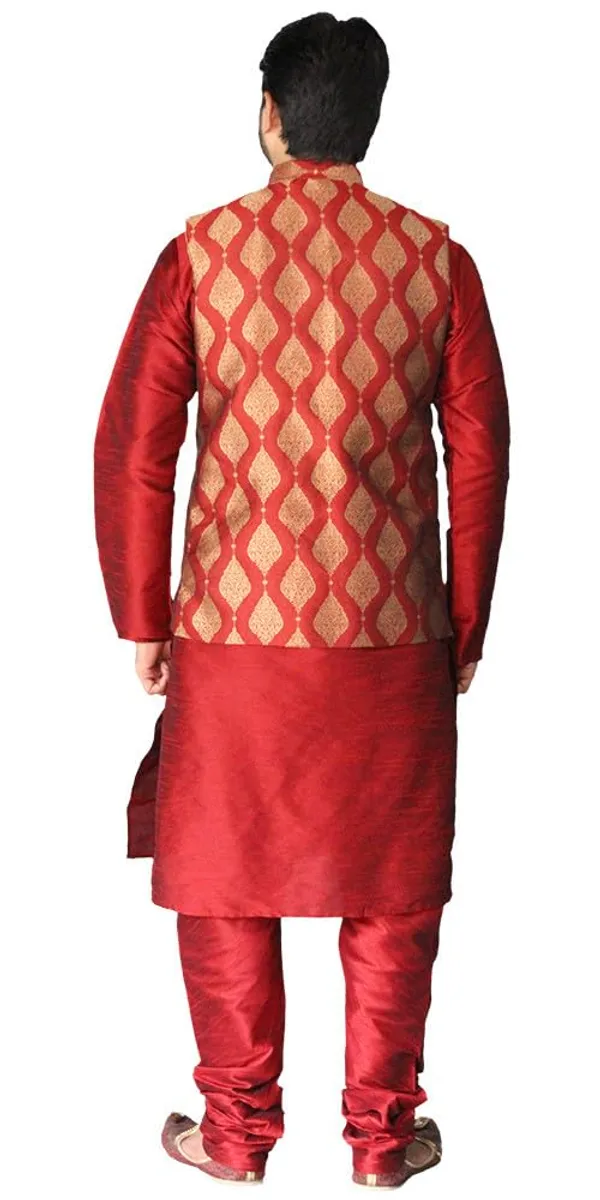 Red__&__Maroon_Dupion_Silk_Casual_Kurta_Pajama_&_Jacket_For_Men