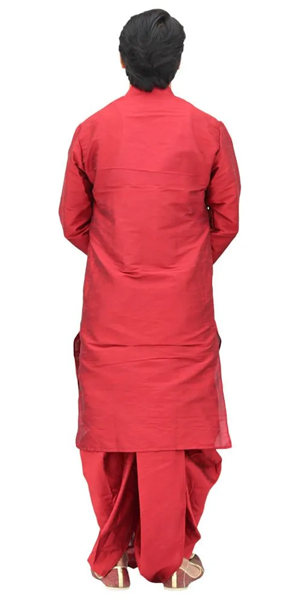 Red_Dupion_Silk_Casual_Dhoti_Kurta_Set_For_Men