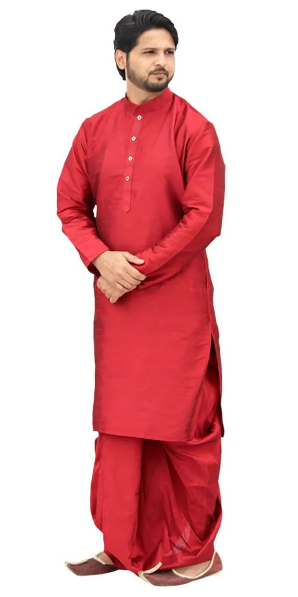 Red_Dupion_Silk_Casual_Dhoti_Kurta_Set_For_Men