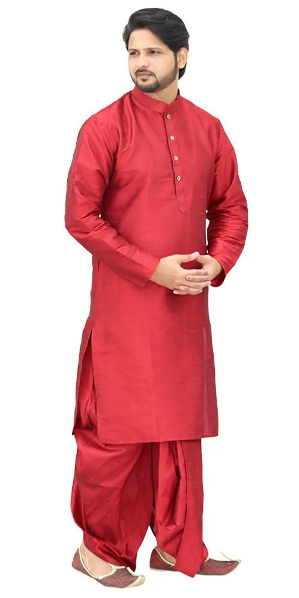 Red_Dupion_Silk_Casual_Dhoti_Kurta_Set_For_Men